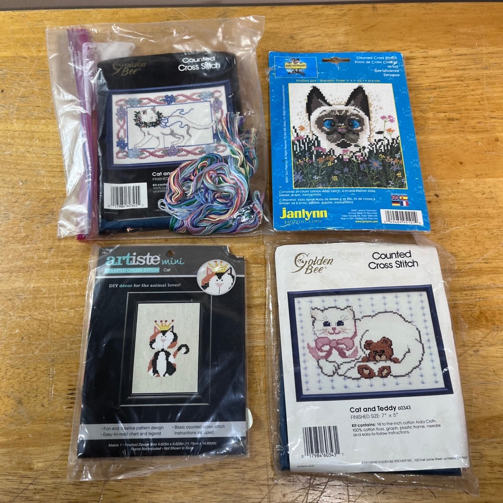 Vtg Cat Counted Cross Stitch Kit Lot Golden Bee Janlynn Artiste Siamese Calico